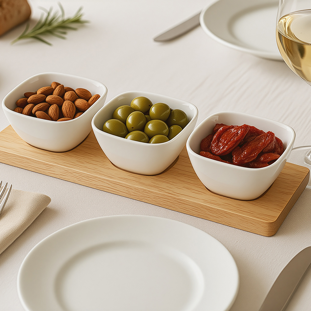 Set of 3 bowls 31x10x5.2 cm with wooden stand (porcelain)