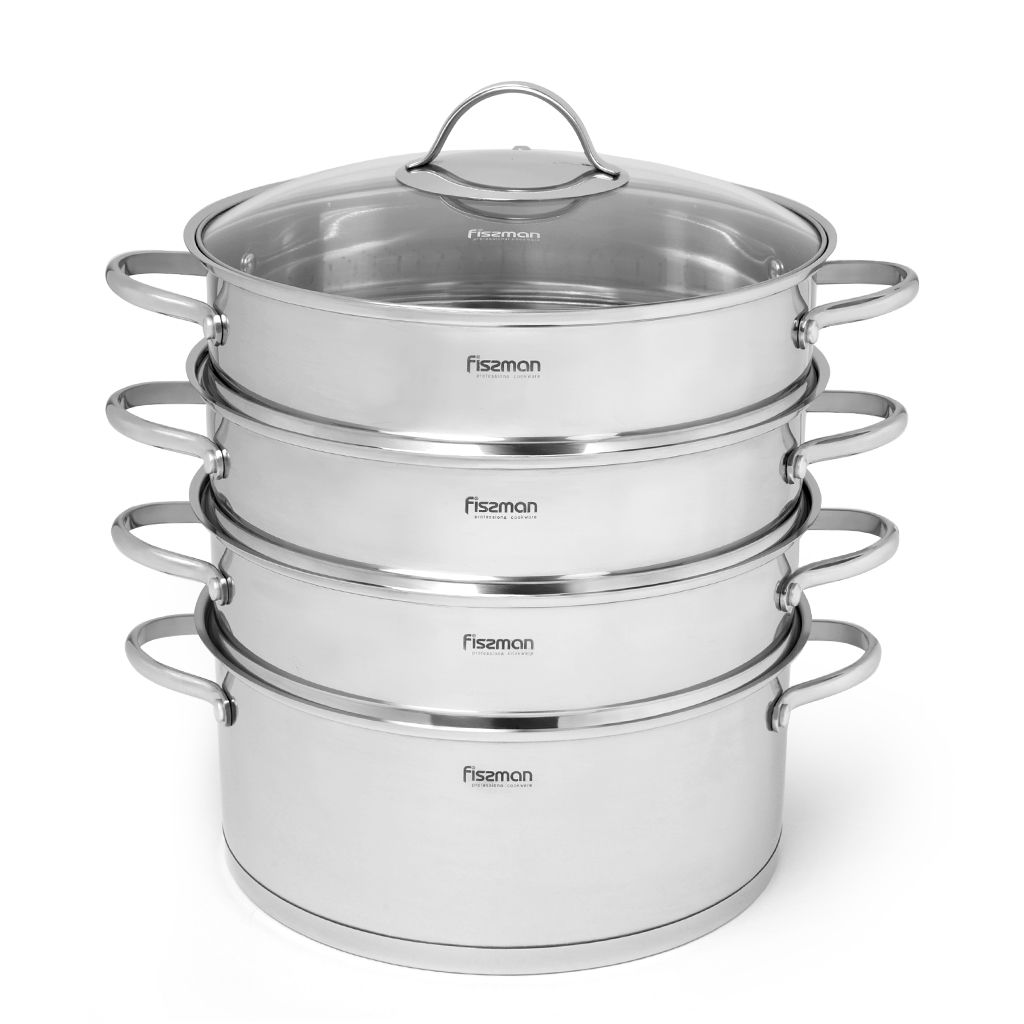 Steamer stock pot BARAKAT 28x12 cm / 6 LTR with 3 steamer inserts 28x8 cm and glass lid (stainless steel)