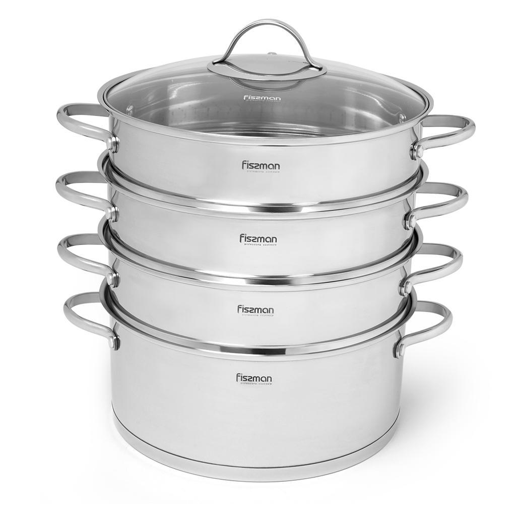 BARAKAT Steamer stock pot 30x15 cm / 9 LTR with 3 steamer inserts 30x9 cm and glass lid (stainless steel)