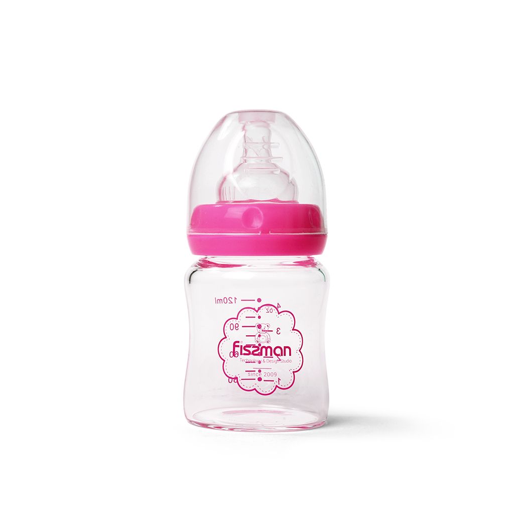 Maitinimo buteliukas 120ml, rožinė spalva (karščiui atsparus stiklas)