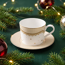 Puodelis CHRISTMAS EVE 250 ml su lėkštute, aukso spalvos (plonasis kaulinis porcelianas)
