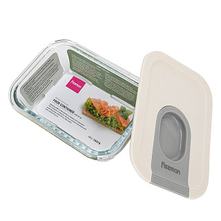 Trauks ar plastmasas vāku 15x11x6 cm / 370 ml (bora silikāta stikls)