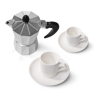 Komplekts:kafijas kanna 2 porcijām/120 ml ar 2 tasītēm un apakštasītēm Komplekts:kafijas kanna 2 porcijām/120 ml ar 2 tasītēm un apakštasītēm