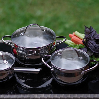 6PCS Cookware set MARTINEZ 6 pcs with glass lids / mirror outside (stainless steel), 1.1 / 1.8 / 3.45 L