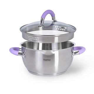 Stockpot ANNETTE 24x12,5 cm / 4.7 LTR with glass lid, pouring lip and lid strainer (stainless steel)
