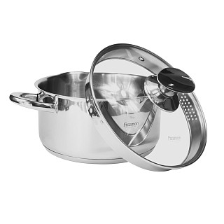 Stockpot ELEGANCE 20x10 cm / 3.1 LTR with glass lid, pouring lip and lid strainer (stainless steel)