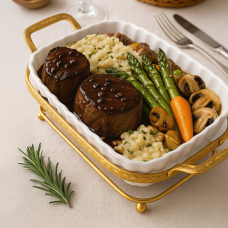 Serving dish 35.7x19.3х6.8 cm with metal stand (porcelain)