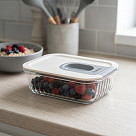 Trauks ar plastmasas vāku 15x11x6 cm / 370 ml (bora silikāta stikls)