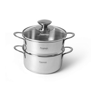Mini cooking pot BAMBINO 14x7.0 cm / 1.1 LTR with steamer insert 14x6.5 cm with glass lid (stainless steel)