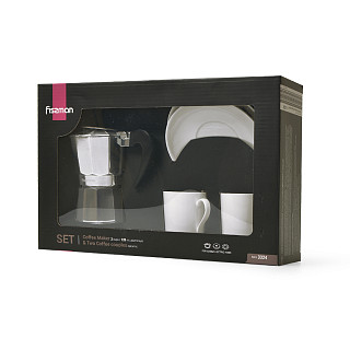 Komplekts:kafijas kanna 2 porcijām/120 ml ar 2 tasītēm un apakštasītēm Komplekts:kafijas kanna 2 porcijām/120 ml ar 2 tasītēm un apakštasītēm