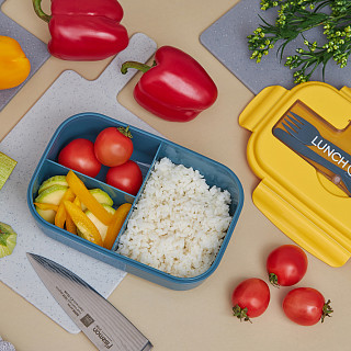 Lunch box with 3 compartments 21.5x15x8 cm / 1100 ml, yellow (plastic), art. 16740