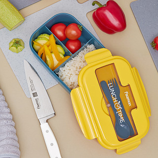 Lunch box with 3 compartments 21.5x15x8 cm / 1100 ml, yellow (plastic), art. 16740