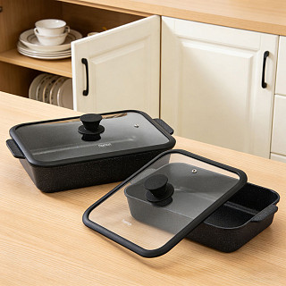 Rectangular shallow casserole NORD STONE 30x21.5x7 cm / 3.7 LTR with glass lid (cast aluminium with non-stick coating)