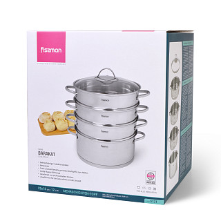 BARAKAT Steamer stock pot 32x15 cm / 12 LTR with 3 steamer inserts 32x9 cm and glass lid (stainless steel)