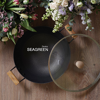 Вок SEAGREEN 32x9,2 см / 5 л со стеклянной крышкой (облегчённый эмалированный чугун c антипригарным покрытием)