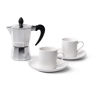 Rinkinys: Kavinukas espreso kavai virti 2 porcijoms 120ml; puodelis 2vnt/100ml; lėkštutes 2vnt