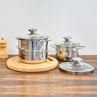 BAMBINO Mini cooking pot 12x7.5 cm / 0.8 LTR with glass lid (stainless steel)