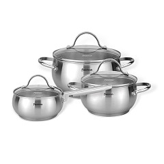 6PCS Cookware set MARTINEZ 6 pcs with glass lids / mirror outside (stainless steel), 1.1 / 1.8 / 3.45 L