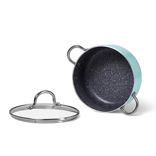 Mini cooking pot MINI CHEF 18x8 cm / 1,8 LTR with glass lid, color AQUAMARINE (aluminium with non-stick coating) (12 pcs per display box)