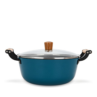 Puodas SEAGREEN 28x12cm / 6L su stikliniu dangčiu (lengvas emaliuotas ketus su XylanPlus nepridegančia danga) Rankenos - medinės; Dangtis – stiklinis; Indukcija