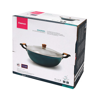 Puodas SEAGREEN 32x12,5cm / 8L su stikliniu dangčiu (lengvas emaliuotas ketus su XylanPlus nepridegančia danga) Rankenos - medinės; Dangtis – stiklinis; Indukcija