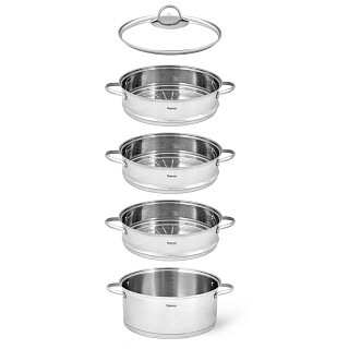 BARAKAT Steamer stock pot 32x15 cm / 12 LTR with 3 steamer inserts 32x9 cm and glass lid (stainless steel)