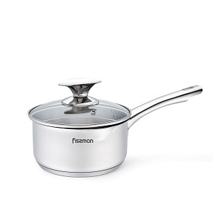 Sauce pan ELEGANCE 16x8 cm / 1.6 LTR with glass lid, pouring lip and lid strainer (stainless steel)