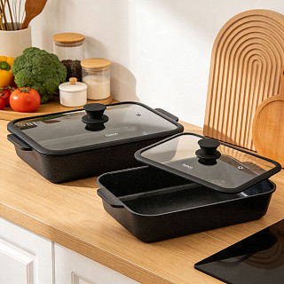 Rectangular shallow casserole NORD STONE 30x21.5x7 cm / 3.7 LTR with glass lid (cast aluminium with non-stick coating)