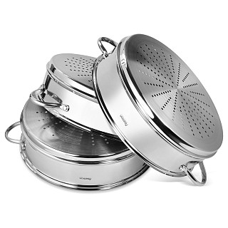 BARAKAT Steamer stock pot 32x15 cm / 12 LTR with 3 steamer inserts 32x9 cm and glass lid (stainless steel)