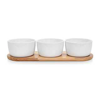 Set of 3 bowls 28.5x9.5x6.1 cm with wooden stand (porcelain)