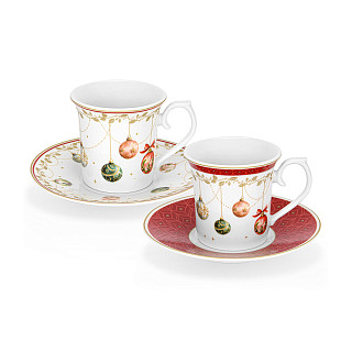 Krūzīšu komplekts CHRISTMAS BALLS 90 ml ar apakštasītēm, 2 gab. (jaunais kaula porcelāns)