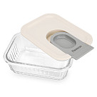 Trauks ar plastmasas vāku 15x11x6 cm / 370 ml (bora silikāta stikls)
