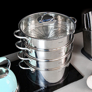 BARAKAT Steamer stock pot 32x15 cm / 12 LTR with 3 steamer inserts 32x9 cm and glass lid (stainless steel)