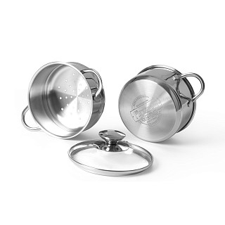 Mini cooking pot BAMBINO 14x7.0 cm / 1.1 LTR with steamer insert 14x6.5 cm with glass lid (stainless steel)