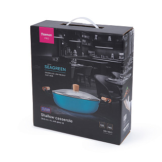 Shallow casserole SEAGREEN 28x8 cm / 4 LTR with glass lid (enamelled lightweight cast iron with non-stick coating)