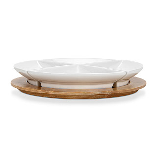 Set of 4 bowls 21x21x3.8 cm with wooden stand (porcelain)