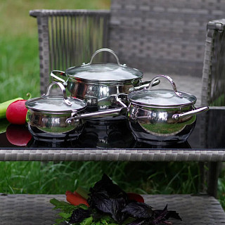 6PCS Cookware set MARTINEZ 6 pcs with glass lids / mirror outside (stainless steel), 1.1 / 1.8 / 3.45 L