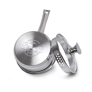 Sauce pan ELEGANCE 16x8 cm / 1.6 LTR with glass lid, pouring lip and lid strainer (stainless steel)