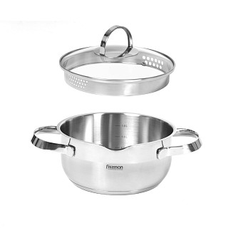 Stockpot CALLISTO 18x8.5 cm / 1.9 LTR with glass lid, pouring lip and lid strainer (stainless steel)