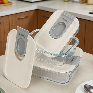 Trauks ar plastmasas vāku 20,4x15,3x7,3 cm / 1050 ml (bora silikāta stikls)