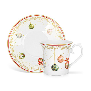 Krūzīšu komplekts CHRISTMAS BALLS 90 ml ar apakštasītēm, 2 gab. (jaunais kaula porcelāns)