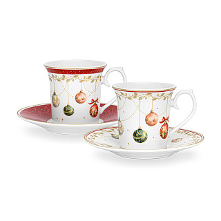 Krūzīšu komplekts CHRISTMAS BALLS 90 ml ar apakštasītēm, 2 gab. (jaunais kaula porcelāns)