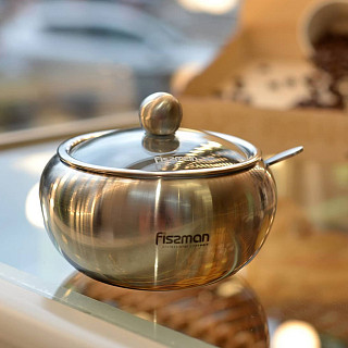 Sugar bowl with glass lid and spoon 350 ml (stainless steel)