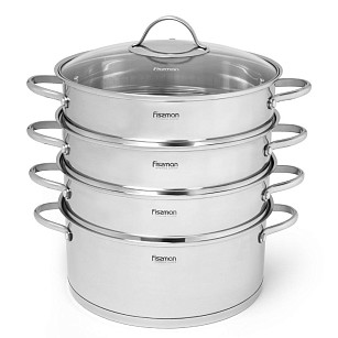 BARAKAT Steamer stock pot 32x15 cm / 12 LTR with 3 steamer inserts 32x9 cm and glass lid (stainless steel)