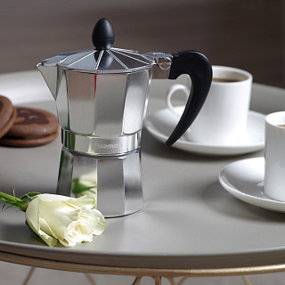 Set of Coffee Maker for 2 cups/120 ml (aluminium) and 2 ceramic cups with 2 saucers