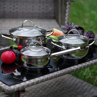 6PCS Cookware set MARTINEZ 6 pcs with glass lids / mirror outside (stainless steel), 1.1 / 1.8 / 3.45 L