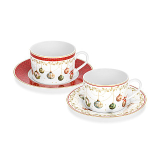 Krūzīšu komplekts CHRISTMAS BALLS 200 ml ar apakštasītēm, 2 gab. (jaunais kaula porcelāns)