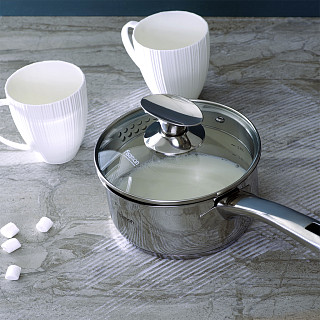 Sauce pan ELEGANCE 16x8 cm / 1.6 LTR with glass lid, pouring lip and lid strainer (stainless steel)